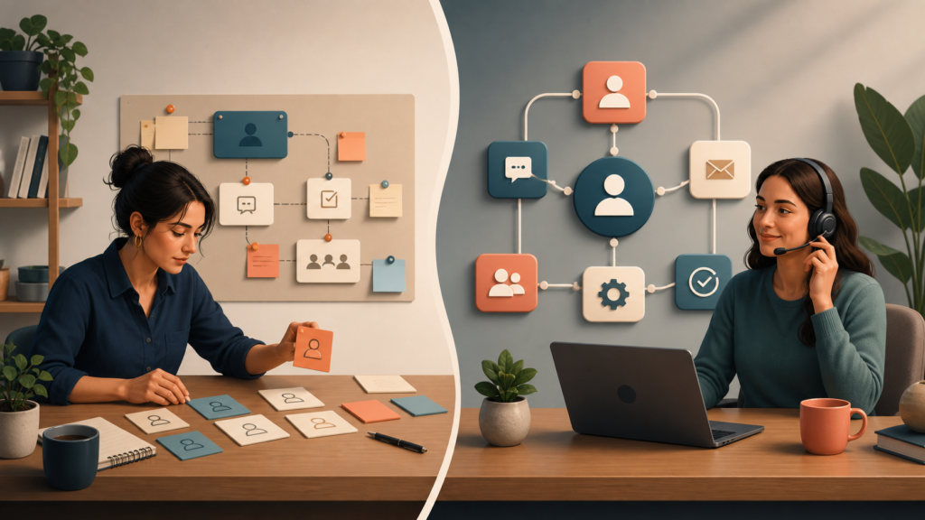 Illustration comparing a do-it-yourself CRM workflow with managed CRM support for a small business